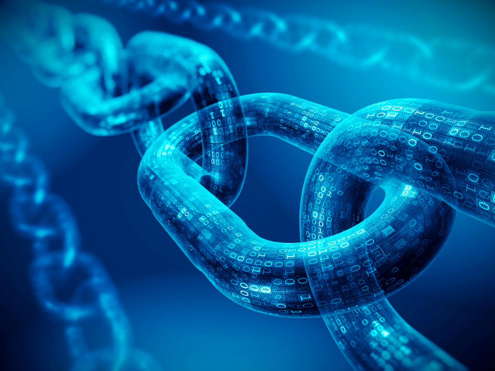 Symbolische Darstellung einer Blockchain als verknüpfte digitale Kette aus Daten, passend zur Cryptopedia-Kategorie Blockchain 1x1.