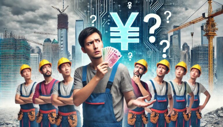 DALL·E 2024-06-28 11.16.00 - A group of Chinese workers holding physical cash in one hand and digital currency symbols (like a digital yuan icon) in the other, looking hesitant or