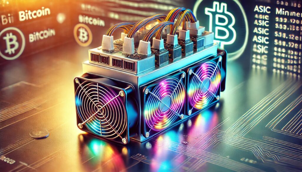 Farbenfroher ASIC Miner in moderner Umgebung mit Kühlventilatoren und leuchtenden Kabeln, die Kryptowährung wie Bitcoin minen.“