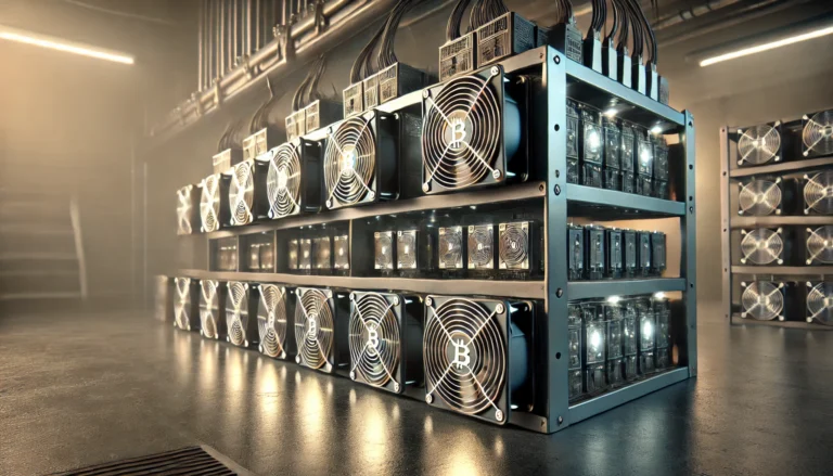 Ein industrielles Bitcoin-Mining-Rig mit ASIC-Minern, das den Proof-of-Work-Mechanismus veranschaulicht, der die Sicherheit und Dezentralisierung der Bitcoin-Blockchain gewährleistet.