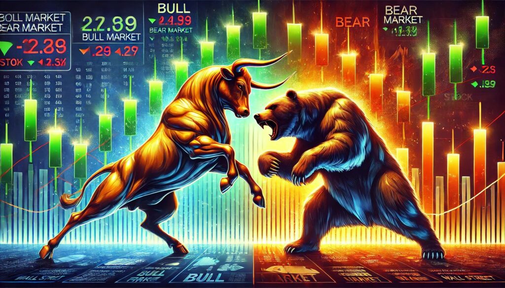 Bull Market vs. Bear Market im Kampf, dargestellt im Wall-Street-Stil mit korrekten Marktkerzen für Bullenmarkt-vs.-Bärenmarkt