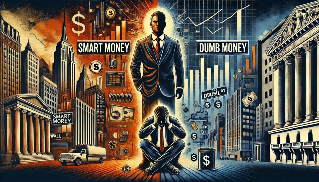 Smart Money vs. Dumb Money im Wall-Street-Stil, mit mächtigen Institutionen und verwirrten Investoren.