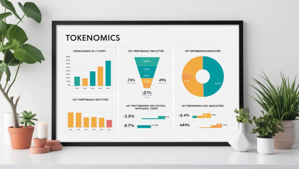 Visualisierung von Tokenomics mit verschiedenen Diagrammen und KPI-Daten zu Token-Verteilung, Nutzung und wirtschaftlichen Modellen in Blockchain-Projekten.