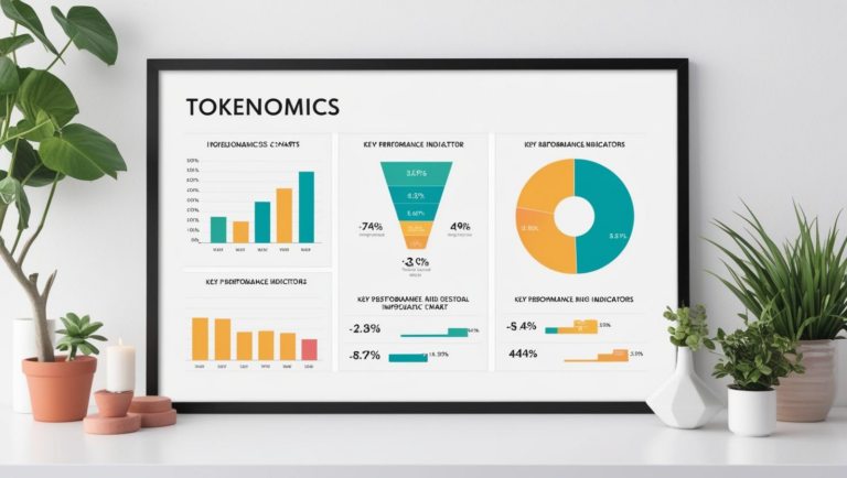 Das Bild zeigt eine detaillierte Übersicht über Tokenomics, inklusive Diagrammen zu Token-Verteilung, wirtschaftlichen Modellen und Kennzahlen (KPIs).