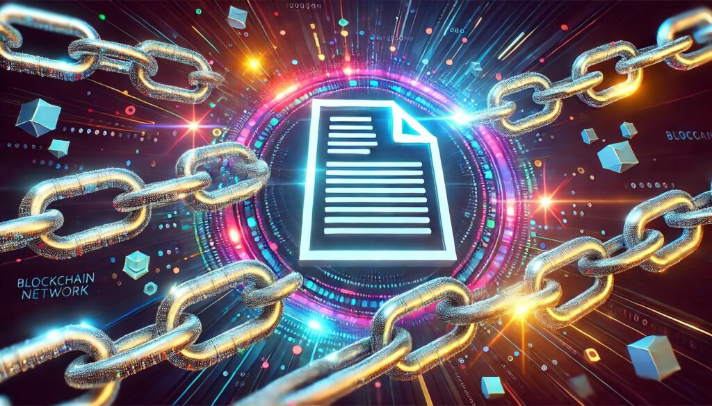 Whitepaper im Blockchain-Netzwerk, symbolisiert durch Ketten und digitale Dokumente.