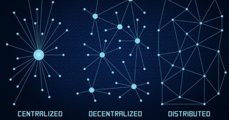 Vergleich zwischen zentralisierten, dezentralisierten und verteilten Netzwerken im Blockchain-Bereich.