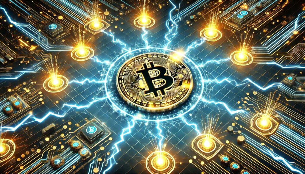 Bitcoin Lightning Network mit digitalem Blockchain-Netzwerk und leuchtenden Blitzen