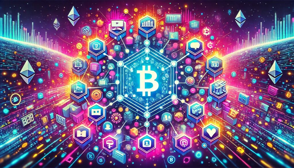 Illustration von Blockchain-Technologie und dezentralen Anwendungen (DApps) mit Symbolen für Kryptowährungen wie Bitcoin und Ethereum.