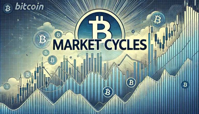 Darstellung von Marktzyklen und Bitcoin mit auf- und absteigenden Finanztrends.