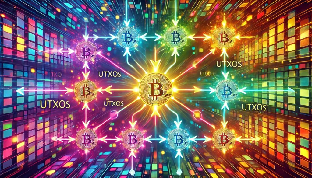 Visualisierung von Bitcoin-UTXOs und Transaktionsströmen in einer Blockchain, die das UTXO-Modell illustri