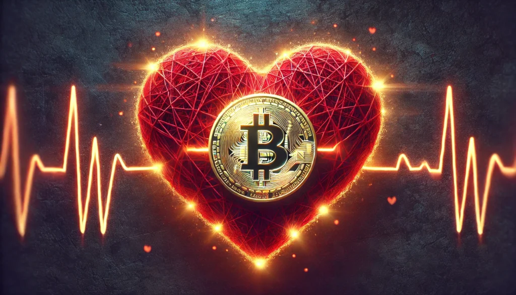 Bitcoin-Lovestory – Ein digitales Herz mit Bitcoin-Symbol vor einem dunklen Hintergrund, das für die Revolution und Stärke von Bitcoin steht.