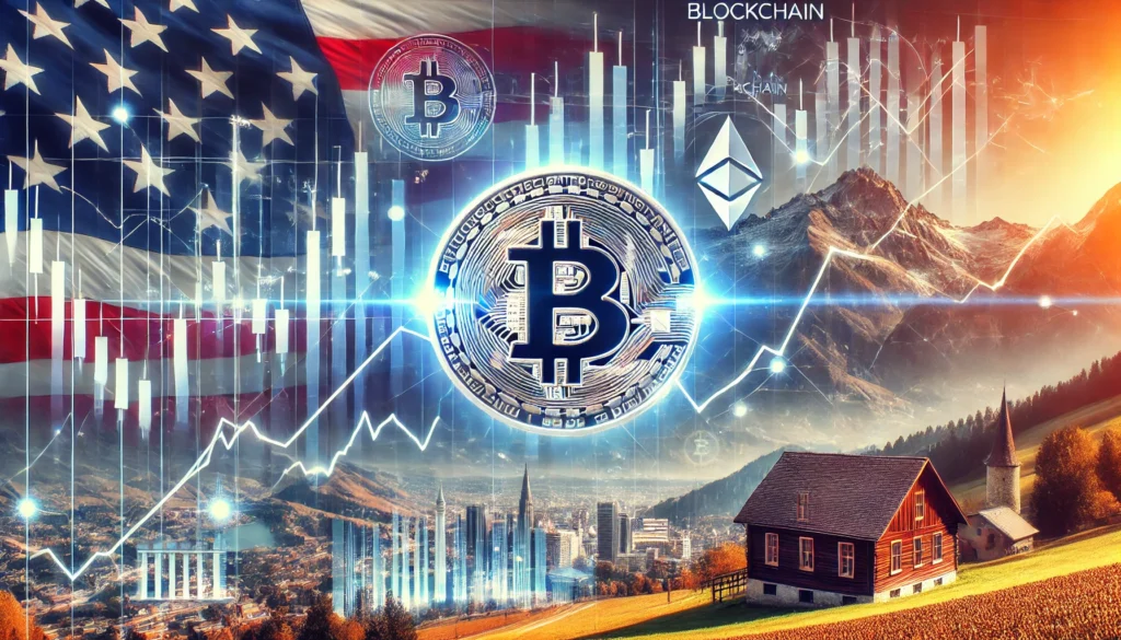 Markt-Update KW 41 von Crypto Valley News. Darstellung von Krypto-Markttrends mit USA-Flagge und Schweizer Alpen im Hintergrund