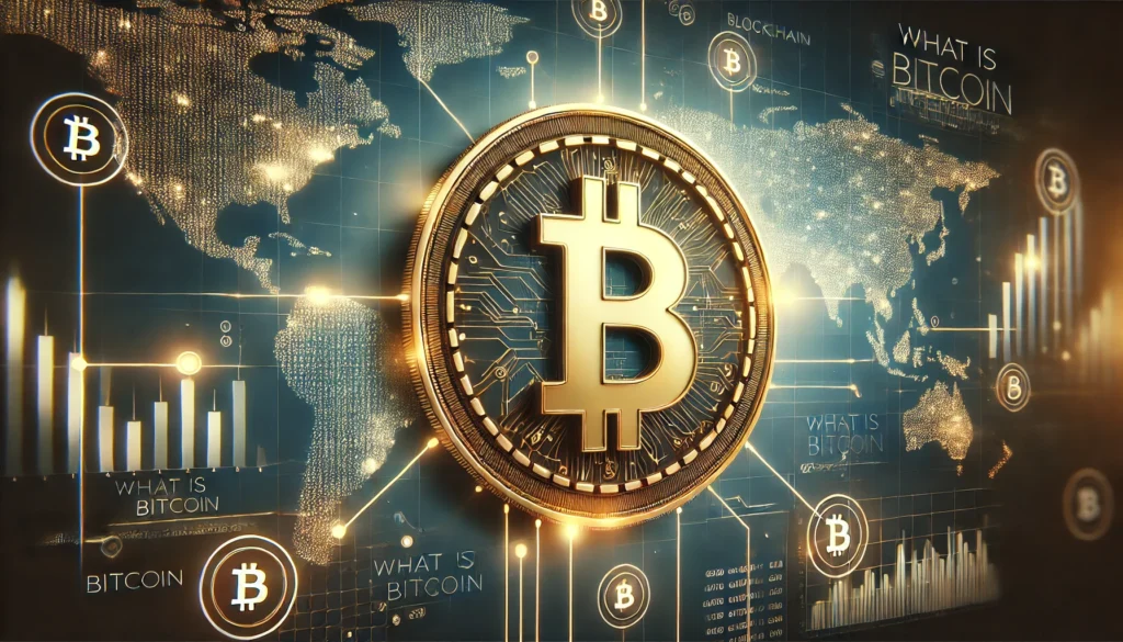 Was ist Bitcoin? Goldenes Bitcoin-Symbol auf einem futuristischen digitalen Hintergrund mit Blockchain-Verbindungen und Datenknoten.