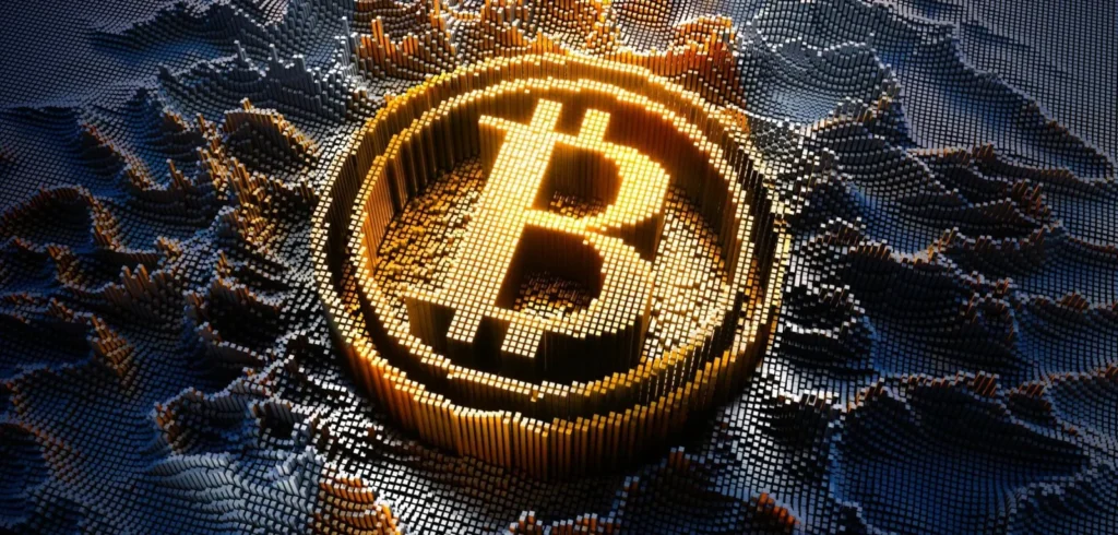 Bitcoin-Symbol in einer dreidimensionalen digitalen Landschaft, dargestellt in goldenen und blauen Farben, als Symbol für Kryptowährung und Blockchain-Technologie.