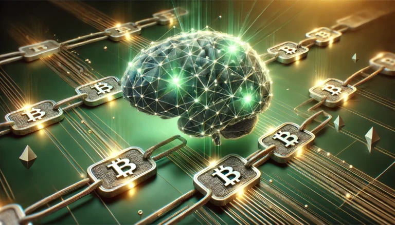 AI und Blockchain: Das Bild zeigt die Verbindung eines neuronalen Netzwerks mit der Blockchain-Technologie und Bitcoin-Symbolen