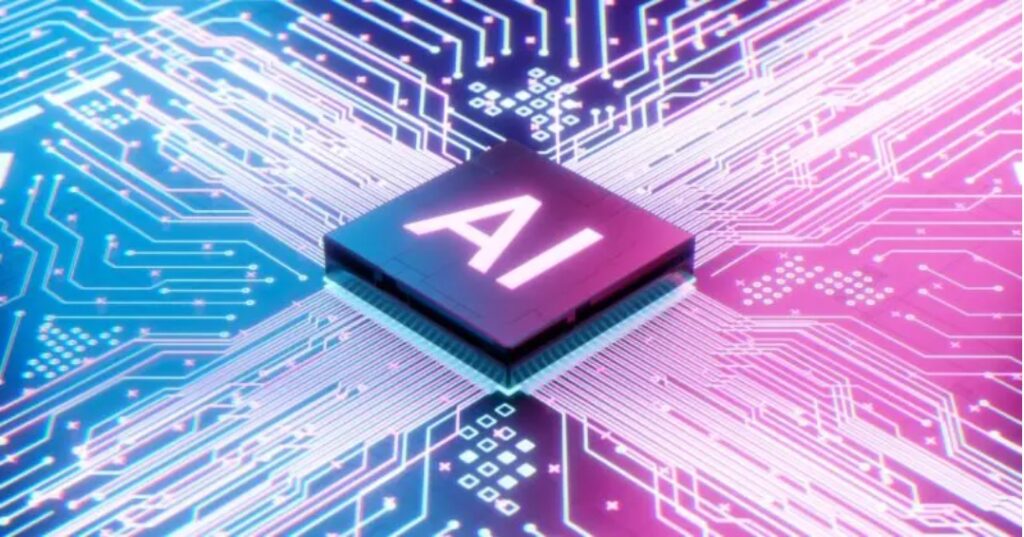 Darstellung eines AI-Chips auf einem digitalen Schaltkreis, symbolisiert die zentrale Rolle von Künstlicher Intelligenz in der modernen Technologie