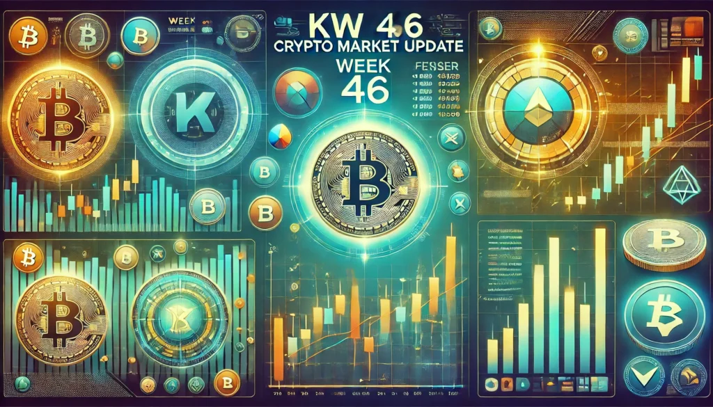 Farbenfrohes Banner für das Crypto Markt Update KW 46 mit Kerzenchart und Kryptowährungslogos, darunter Bitcoin und Ethereum, vor einem lebhaften Hintergrund.