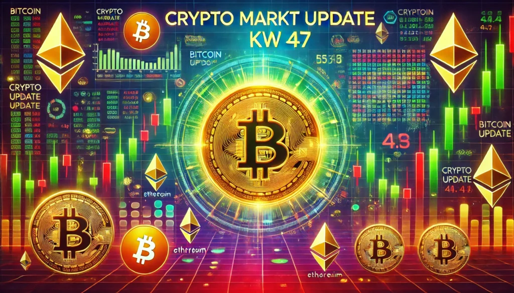 Crypto-Markt Update KW 47: Bitcoin kurz vor 100.000 USD mit farbigem Chart und digitalem Hintergrund, der Marktdynamik und Altcoin-Chancen visualisiert.