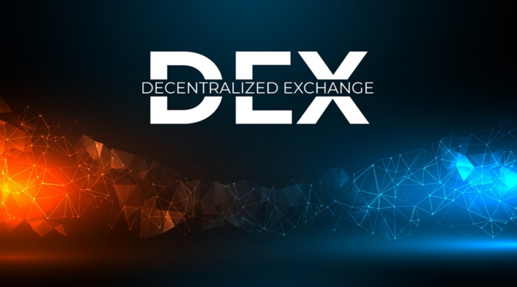 DEX (Decentralized Exchange) Schriftzug mit visualisierten Netzwerken in Blau und Orange, symbolisch für dezentrale Börsen in der Kryptowelt