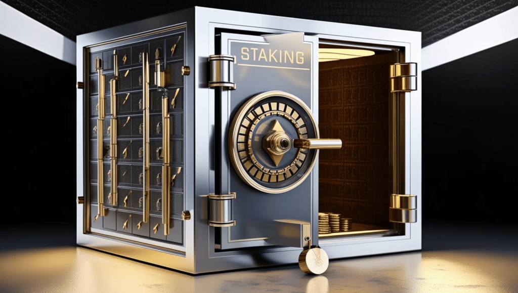 Tresor mit der Aufschrift Staking, gefüllt mit goldenen Münzen, symbolisierend die Funktion des Stakings in Proof-of-Stake-Blockchains