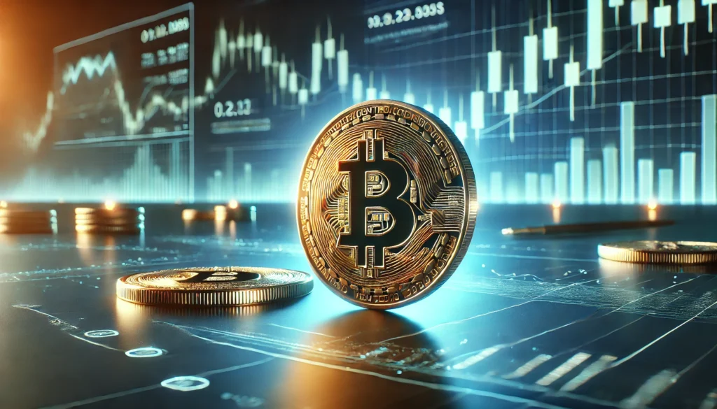 Bitcoin-Münze vor einem digitalen Finanzchart – Symbolbild für das Crypto-Markt Update KW 48 mit Fokus auf Preisprognosen und Marktzyklen