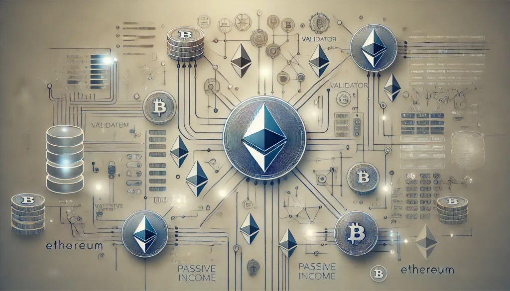 Was ist Staking? Illustration des Ethereum-Staking-Netzwerks mit Validatoren, passivem Einkommen und Netzwerkverbindungen.