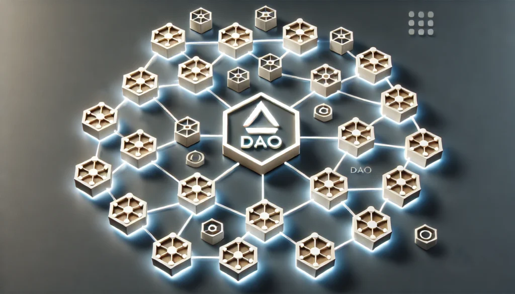 Visualisierung einer DAO (Dezentrale autonome Organisation) mit vernetzten Symbolen, die Blockchain-basierte Entscheidungsstrukturen und Dezentralität darstellen.