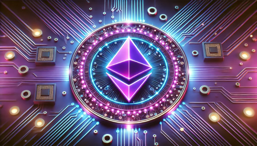 Abstraktes, futuristisches Design des Ethereum-Logos, umgeben von elektronischen Schaltkreisen, das die technologische Grundlage der Smart Contract-Plattform symbolisiert.