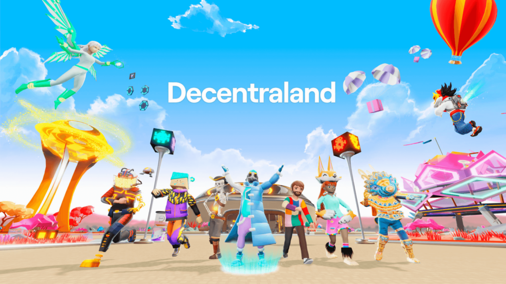 Decentraland Avatare tanzen in der virtuellen Welt, Darstellung des Metaverse und digitaler Interaktionen.