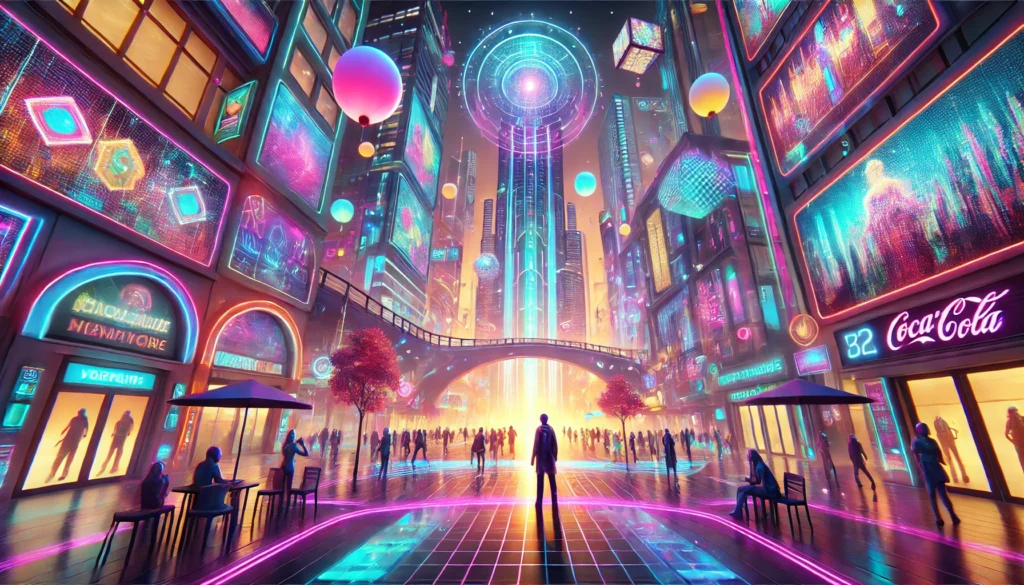 Metaverse Stadt mit futuristischen Neonlichtern, virtuellen Schaufenstern und Avataren in einer digitalen Welt. Darstellung der Chancen im Metaverse