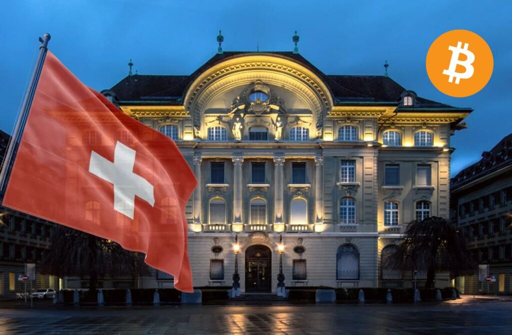 Bitcoin-Initiative Schweiz: Schweizerische Nationalbank mit Schweizer Flagge und Bitcoin-Logo.