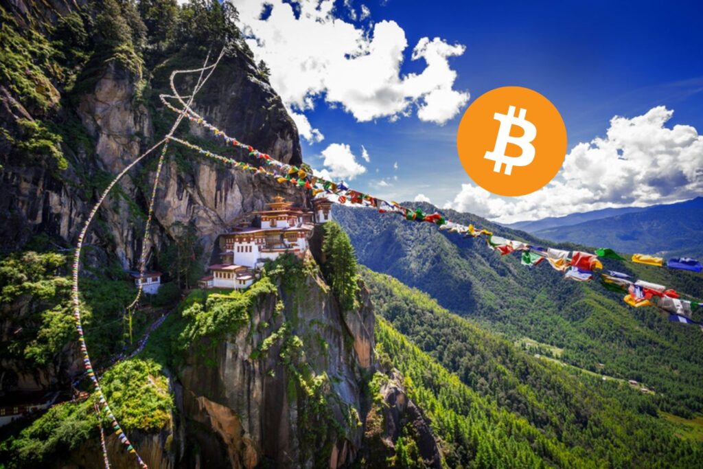 Bhutan strategische Bitcoin-Reserven in atemberaubender Berglandschaft, mit Fokus auf Bitcoin, Ethereum und BNB.