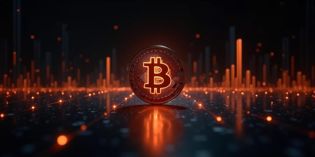 Leuchtende Bitcoin-Münze in einer digitalen Umgebung mit orangen Lichtstrahlen. Symbol für den aktuellen Krypto-Markt-Trend im Crypto-Markt Update KW 5.