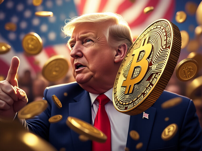 Donald Trump während seiner Inauguration umgeben von Bitcoin-Münzen, die den historischen Moment und den Kryptohöhenflug symbolisieren.