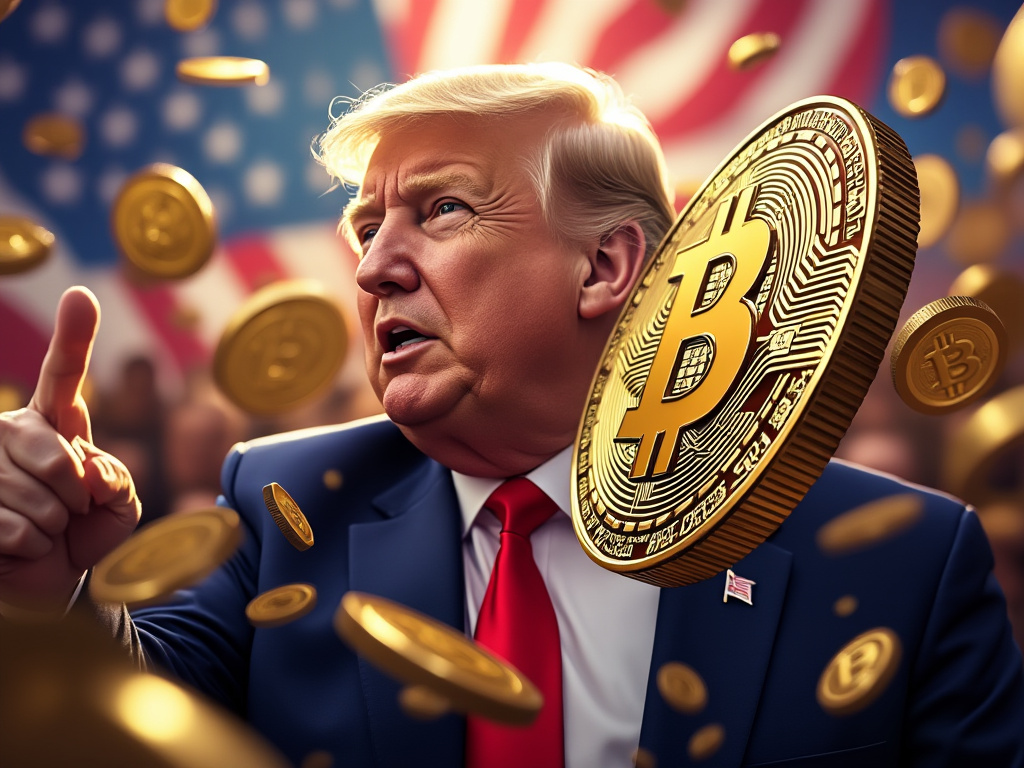 Donald Trump bei seiner Inauguration vor einer wehenden amerikanischen Flagge, umgeben von schwebenden goldenen Bitcoin-Münzen. Eine große Bitcoin-Münze ist im Vordergrund hervorgehoben, was den Krypto-Boom betont.