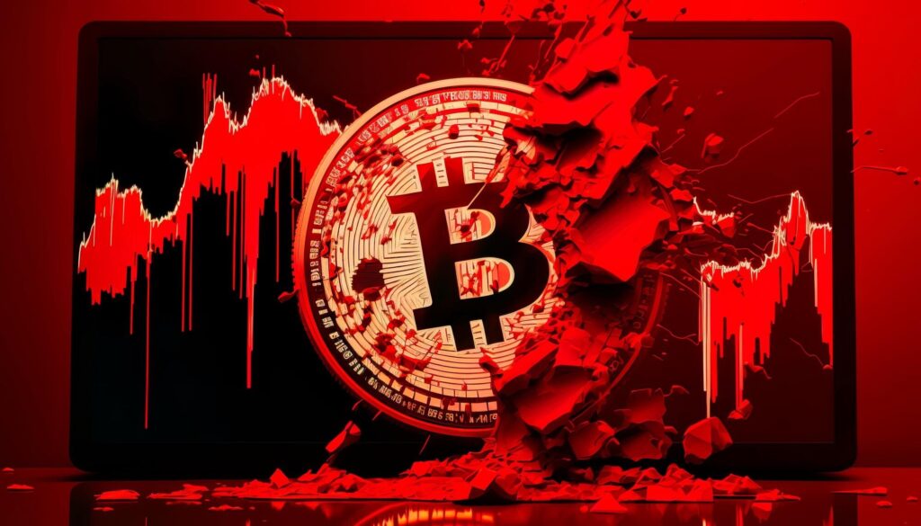 Bitcoin Crash 2025 – Der Kryptomarkt erleidet massive Liquidationen. Ein rotes Chart mit fallendem Bitcoin-Preis und einer zerbrechenden Bitcoin-Münze symbolisiert den Markteinbruch.