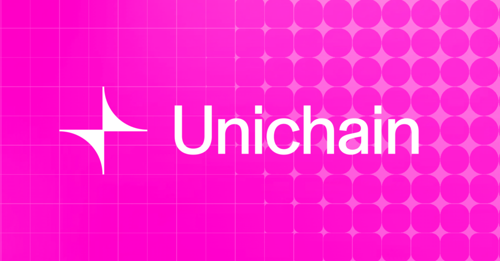 Unichain Logo auf pinkem Hintergrund – die neue skalierbare Blockchain für günstige DeFi-Transaktionen mit niedrigen Gasgebühren.