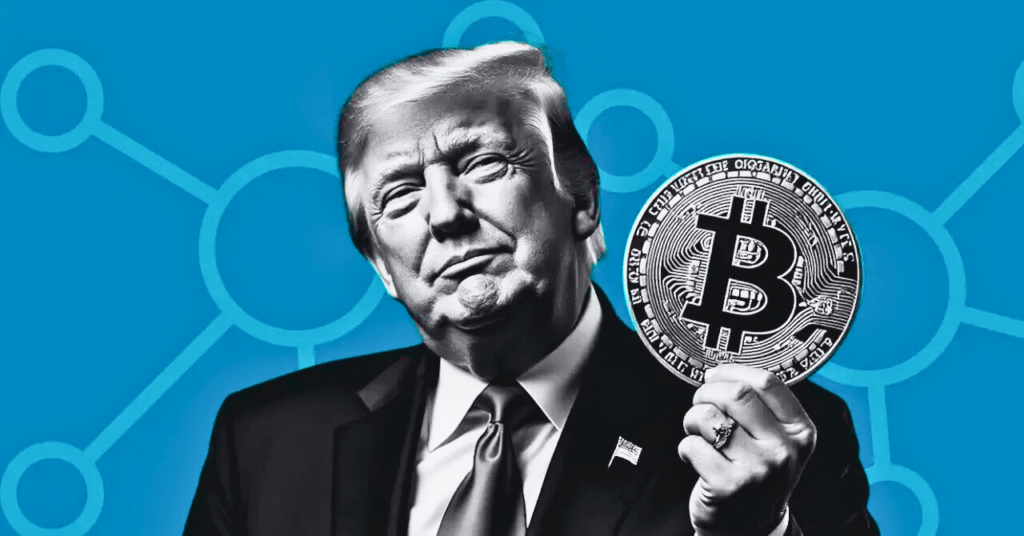 Donald Trump hält eine Bitcoin-Münze in der Hand. Mit dem Truth.Fi Bitcoin Plus ETF verstärkt Trump seine Krypto-Strategie und US-Bitcoin-Adoption.