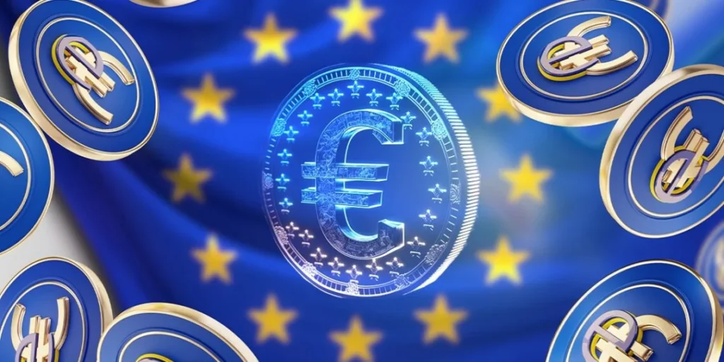 Leuchtende digitale Euro-Münze vor EU-Flagge, umgeben von schwebenden Euro-Coins – Symbol für den digitalen Euro (CBDC).