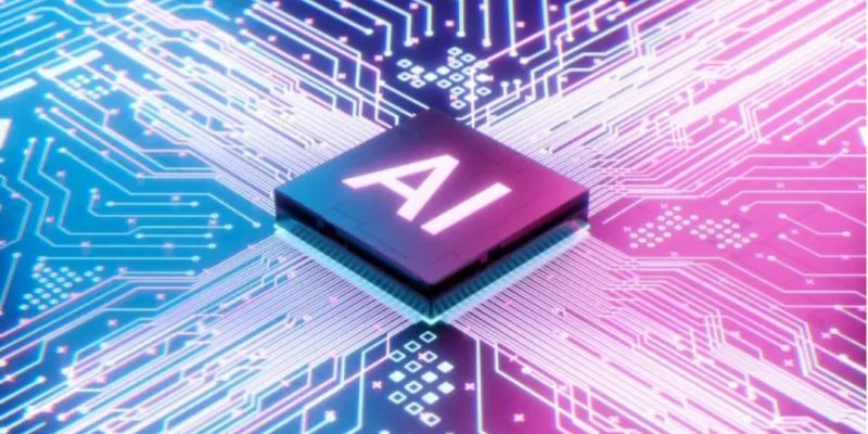 Darstellung eines AI-Chips auf einem digitalen Schaltkreis, symbolisiert die zentrale Rolle von Künstlicher Intelligenz in der modernen Technologie