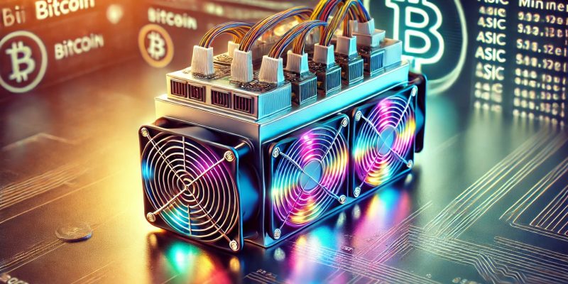 Farbenfroher ASIC Miner in moderner Umgebung mit Kühlventilatoren und leuchtenden Kabeln, die Kryptowährung wie Bitcoin minen.“