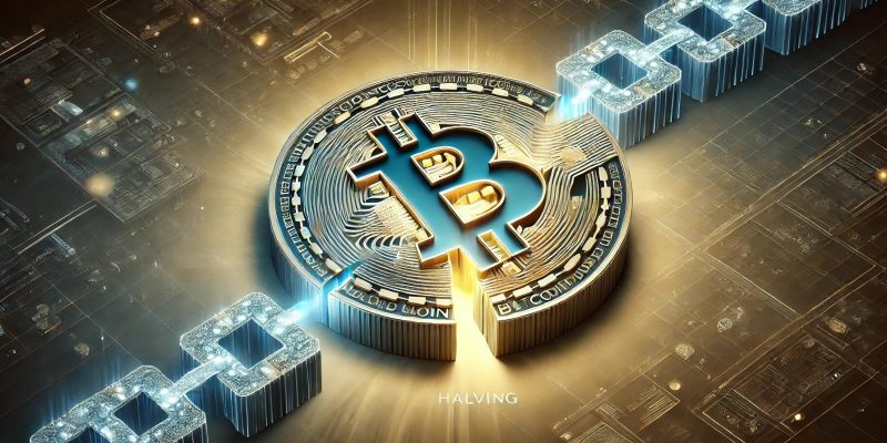 Darstellung des Bitcoin-Halvings mit Blockchain und durchtrenntem Block von Crypto Valley News