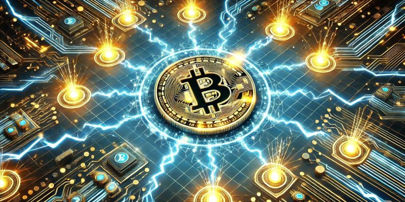 Bitcoin Lightning Network mit digitalem Blockchain-Netzwerk und leuchtenden Blitzen