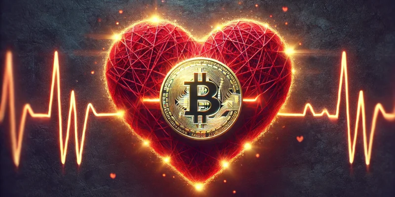 Bitcoin-Lovestory – Ein digitales Herz mit Bitcoin-Symbol vor einem dunklen Hintergrund, das für die Revolution und Stärke von Bitcoin steht.