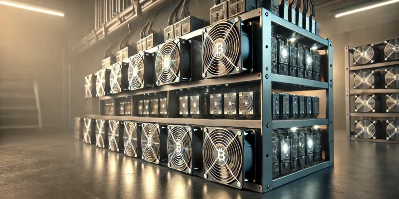 Ein Bitcoin-Mining-Rig mit mehreren ASIC-Minern in einem industriellen Setup, das den Proof-of-Work-Konsensmechanismus und die Bitcoin-Mining-Prozesse illustriert.