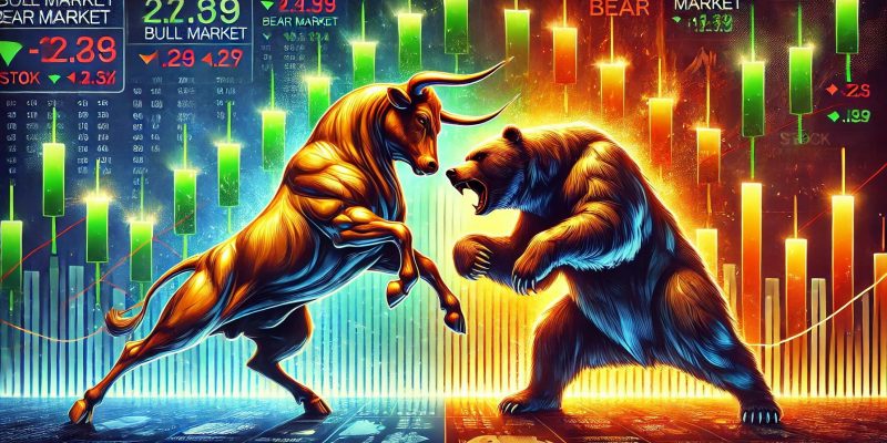 Bull vs. Bear im Kampf, dargestellt im Wall-Street-Stil mit korrekten Marktkerzen für Bullmarket-vs.-Bearmarket