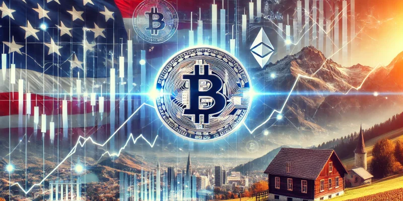 Markt-Update KW 41 von Crypto Valley News. Darstellung von Krypto-Markttrends mit USA-Flagge und Schweizer Alpen im Hintergrund