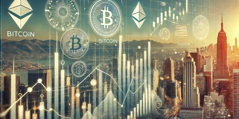 Crypto-Markt Update KW 42 mit Bitcoin und Ethereum Symbolen auf Finanzcharts vor Skyline