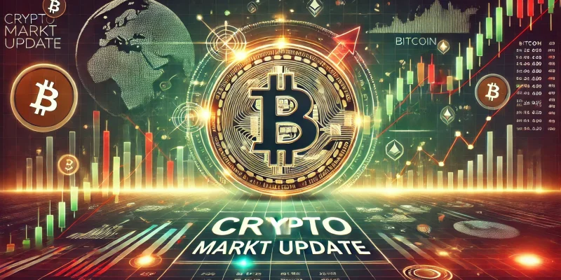 Crypto-Markt Update KW 45 Banner mit Bitcoin-Symbol, steigenden Kurscharts und globalen Finanzmarkt-Elementen. Dynamische Darstellung der Markttrends in der Krypto-Welt.