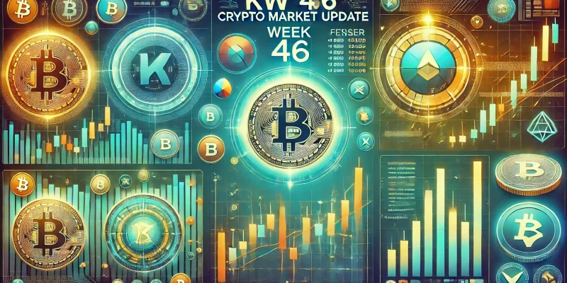 Farbenfrohes Banner für das Crypto Markt Update KW 46 mit Kerzenchart und Kryptowährungslogos, darunter Bitcoin und Ethereum, vor einem lebhaften Hintergrund.